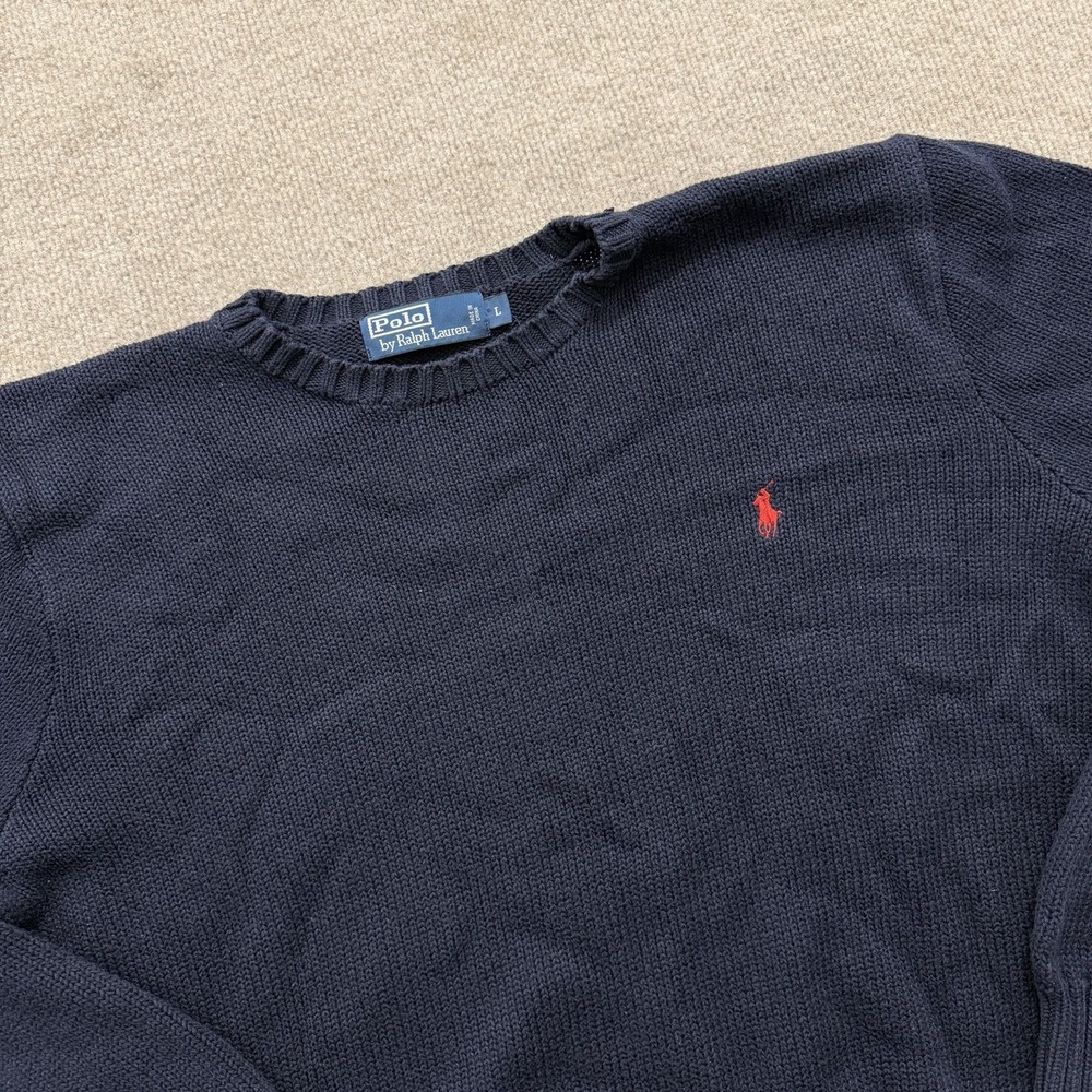 Polo Ralph Lauren Navy Blue Cotton Knit Crewneck Sweater Red Pony Men's L